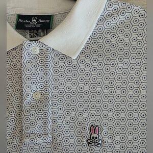 Psycho Bunny Men's White Collar and Black Hexagon Polo SIZE 5